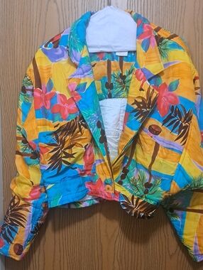 Vtg 90's Carol Andersen Bright  Floral Tropical Print Cropped Bomber Jacket S/M